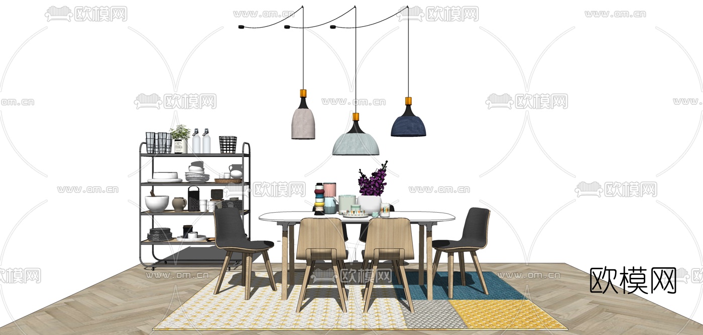 北欧实木长方形餐桌椅su模型下载