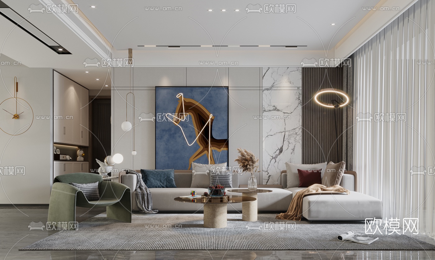 现代轻奢客厅餐厅3d模型下载（渲染图1）