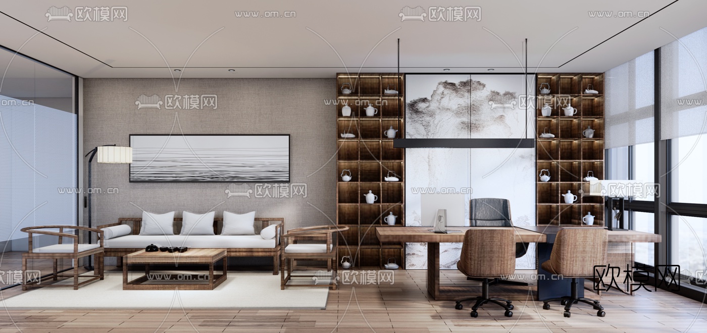 新中式董事长办公室su模型下载（渲染图1）