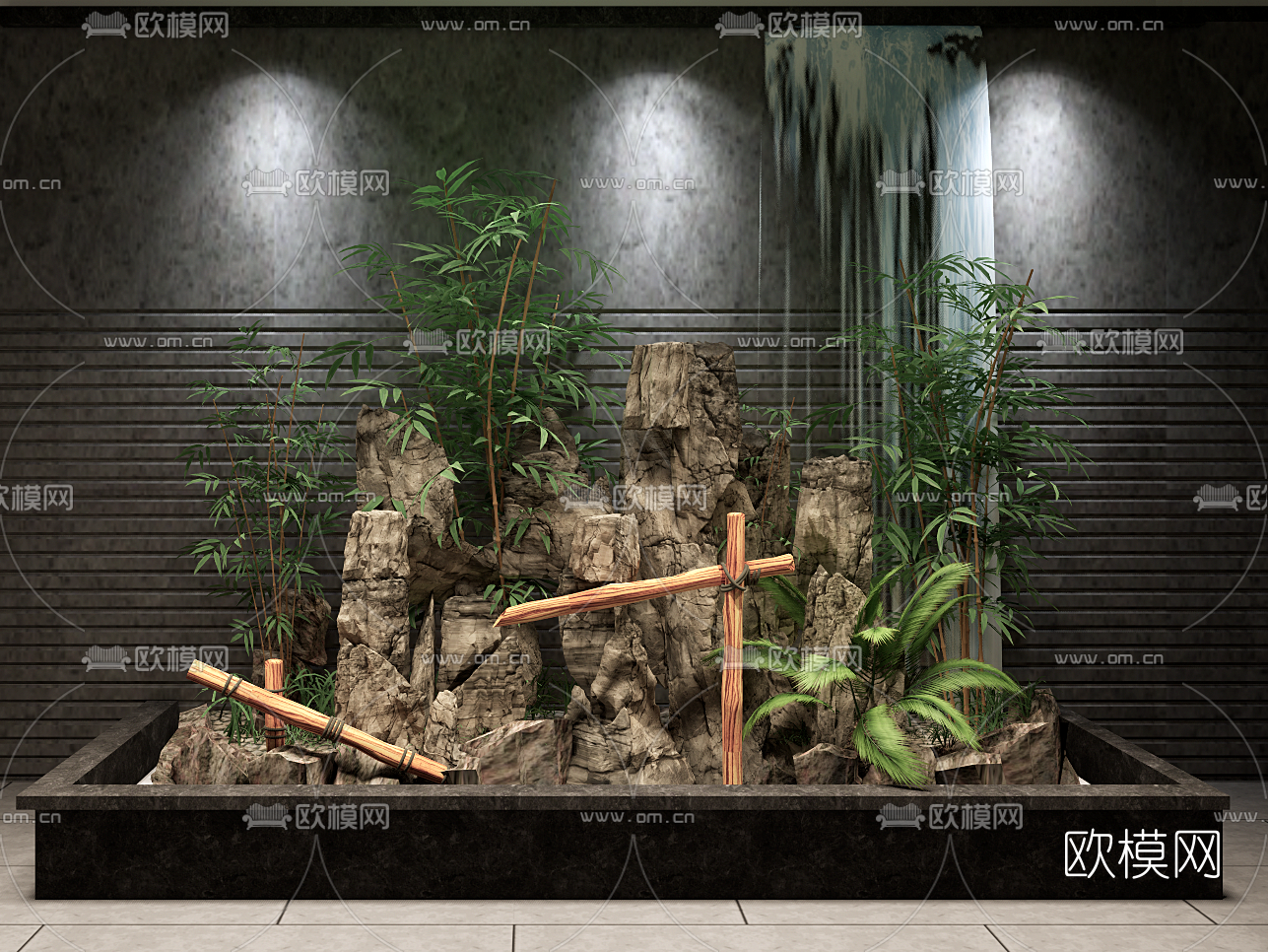 新中式假山竹筒流水小品su模型下载（渲染图1）