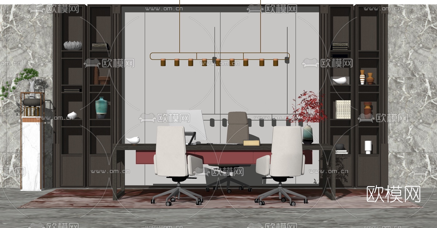 新中式办公桌椅su模型下载