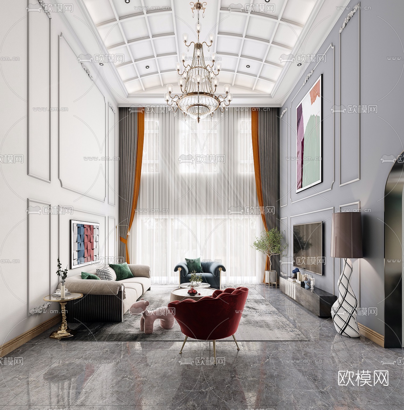 美式别墅客厅餐厅3d模型下载（渲染图1）