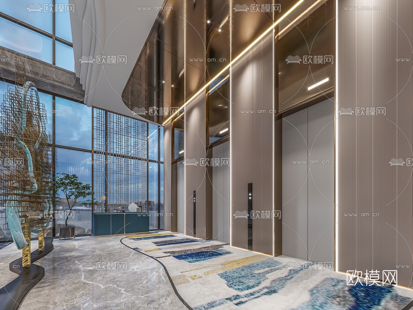 现代酒店电梯厅3d模型下载