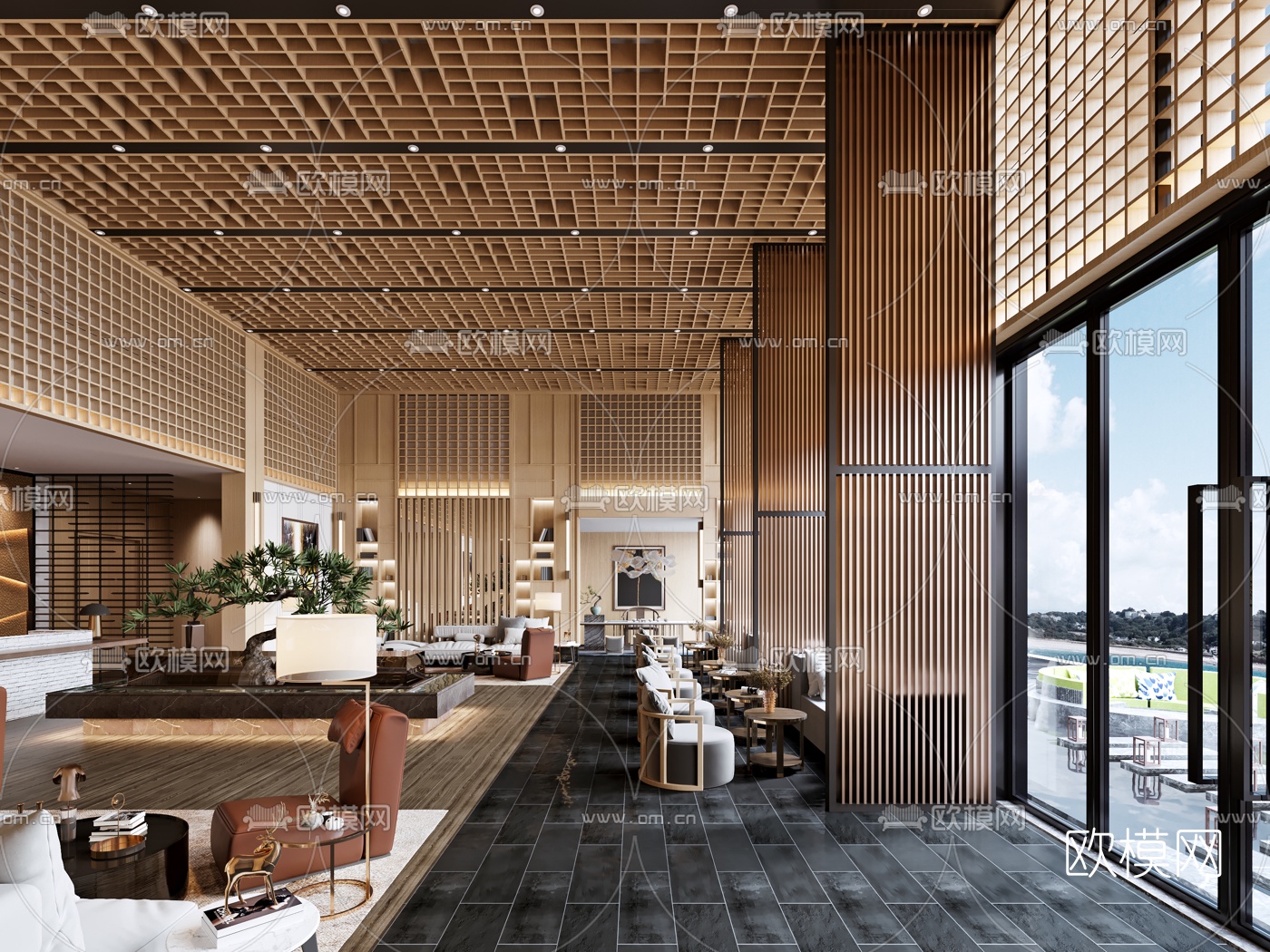 现代轻奢酒店大堂吧3d模型下载（渲染图1）