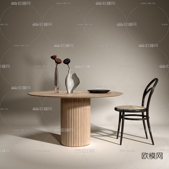 现代原木纹圆形桌台椅子组合3d模型下载