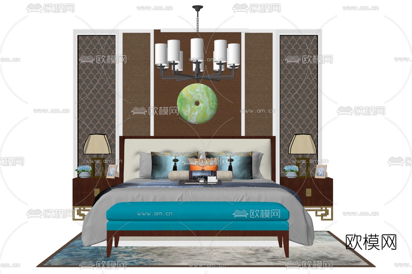 新中式布艺双人床su模型下载