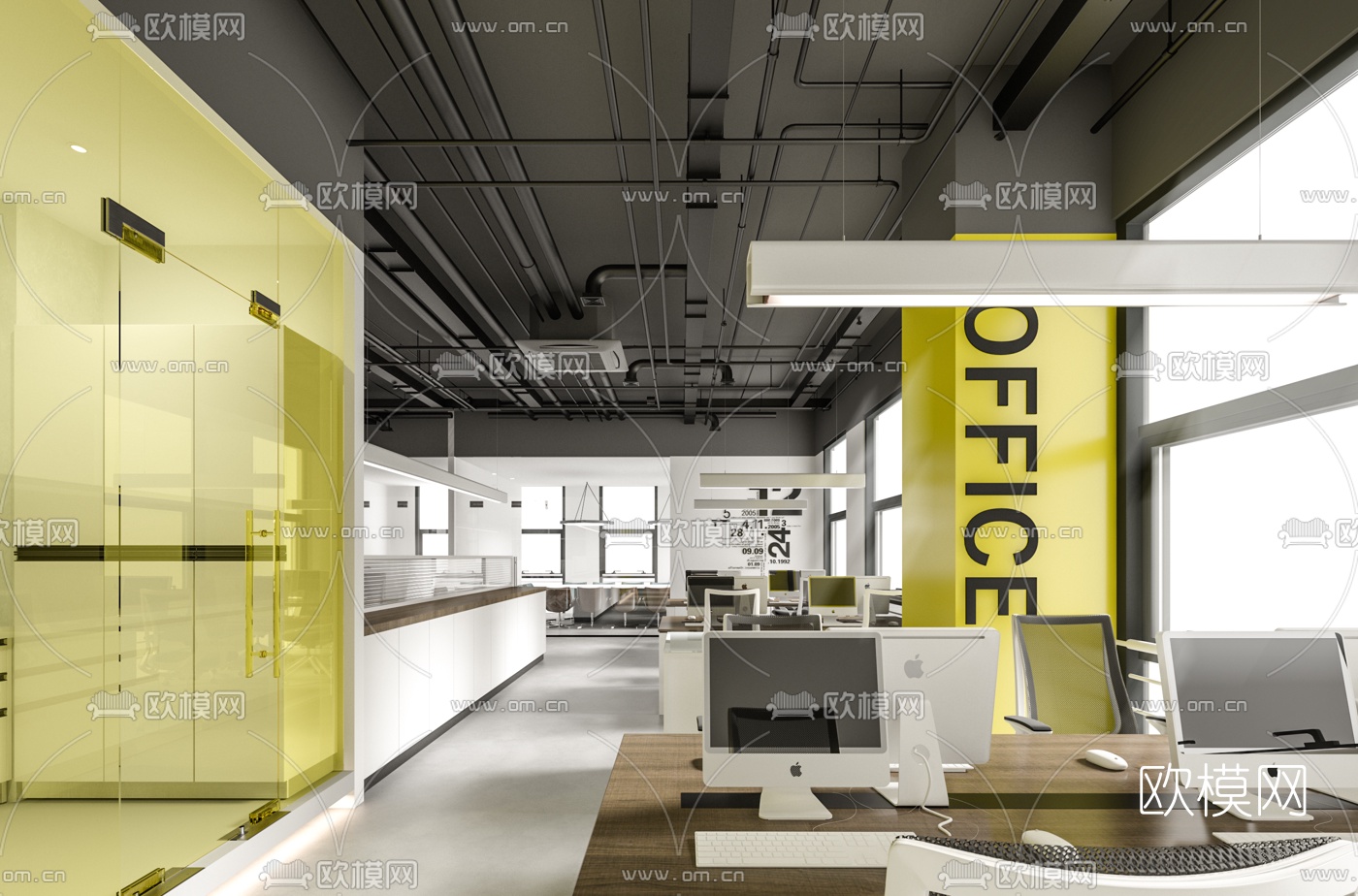 工业风开放式办公区3d模型下载_ID10043990_3dmax免费模型-欧模网