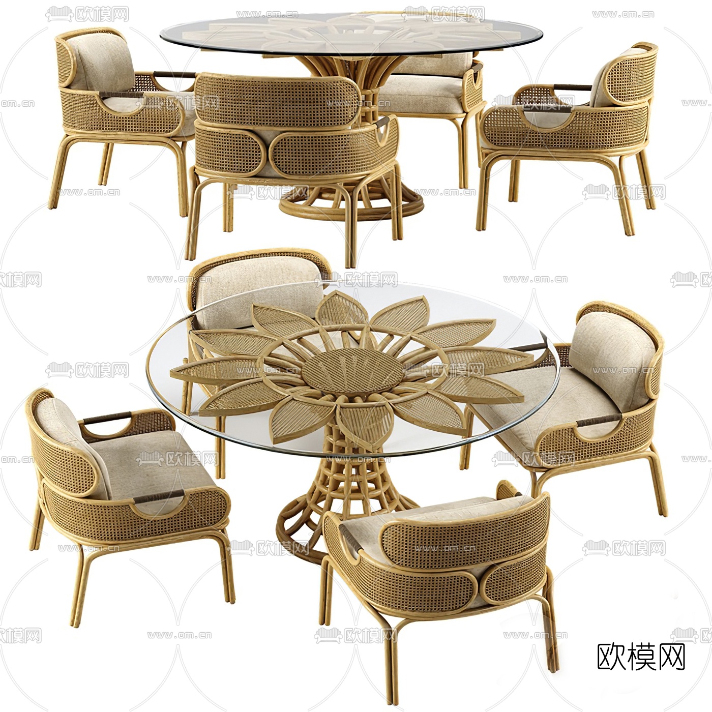 自然风竹编餐桌椅3d模型下载