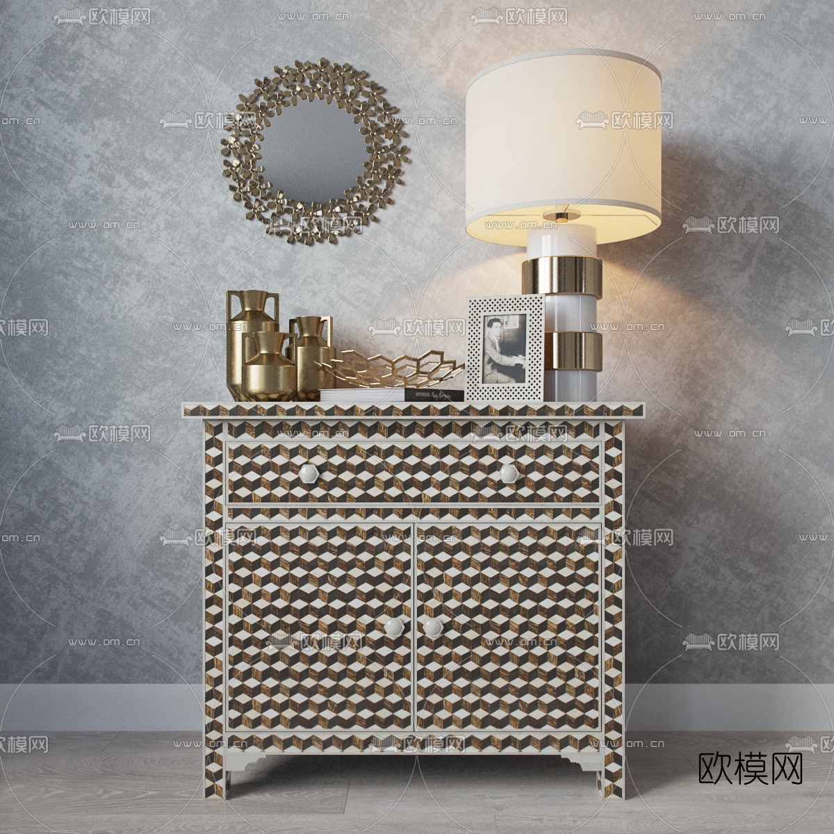 北欧轻奢边柜3d模型下载（渲染图1）