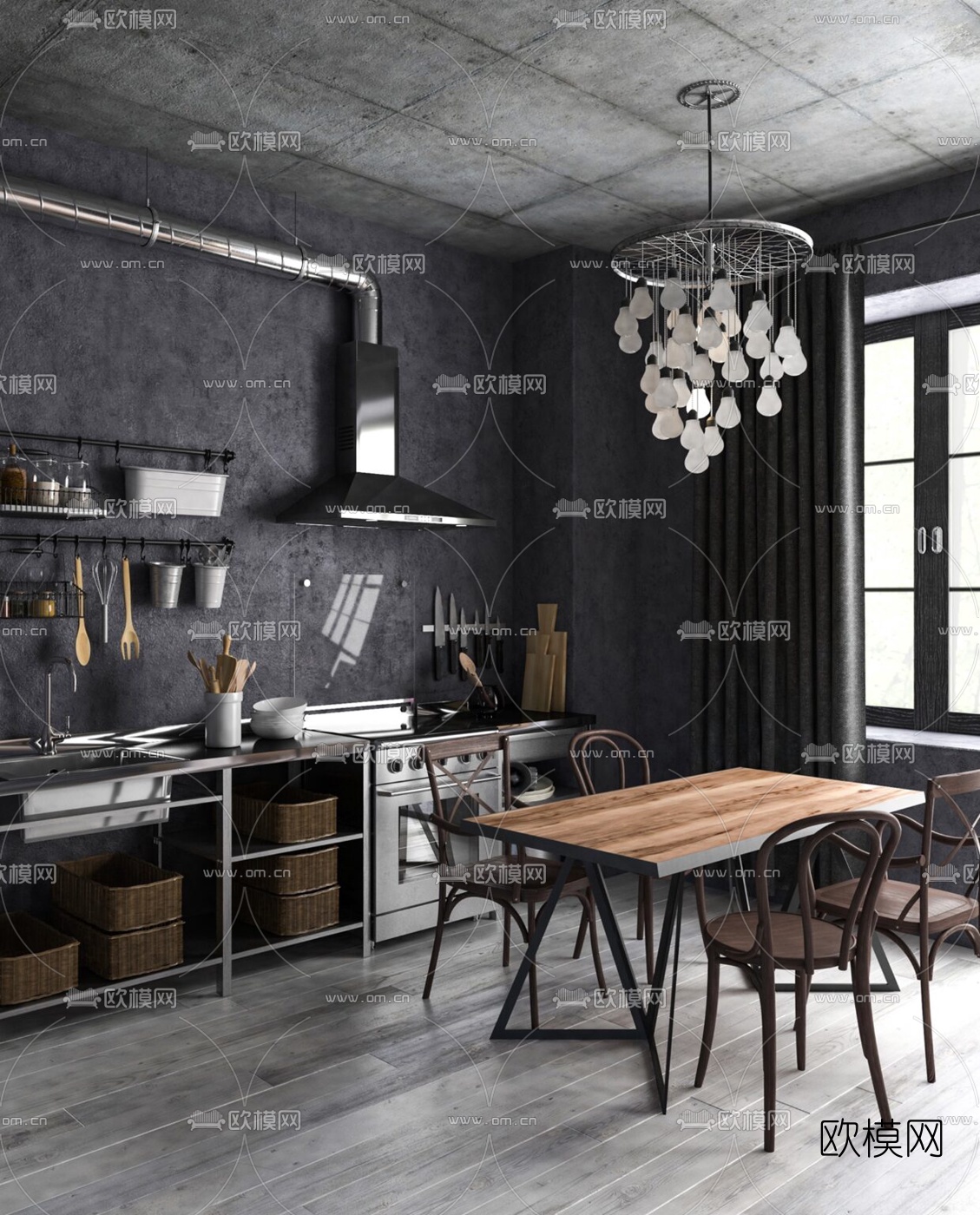 工业风开放式厨房3d模型下载