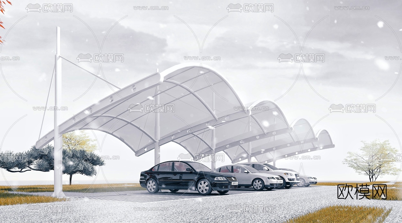 现代膜结构停车棚雨棚遮阳棚3d模型下载