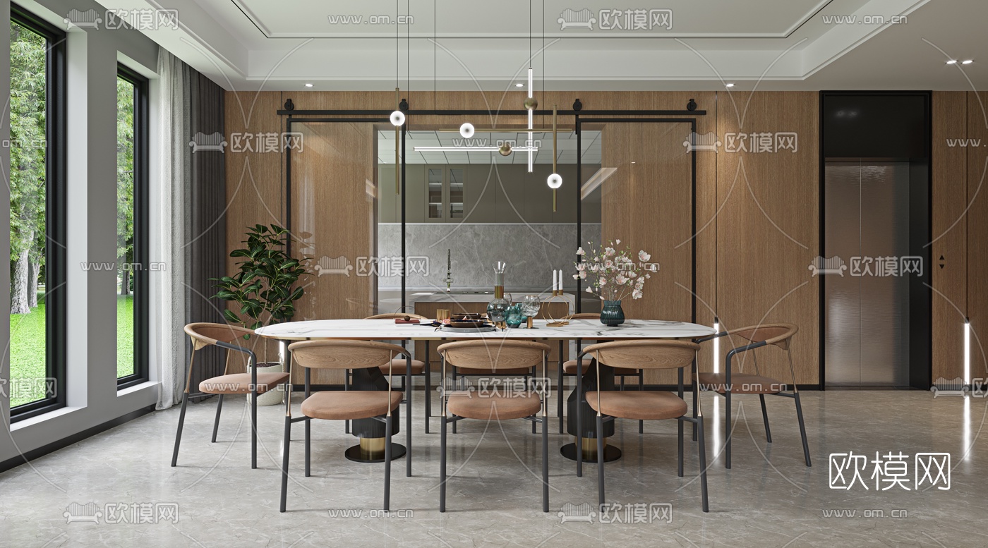 现代别墅客厅餐厅3d模型