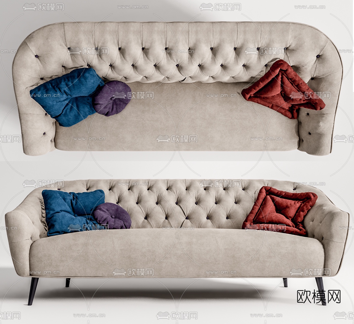 简欧布艺多人沙发su模型下载（渲染图1）
