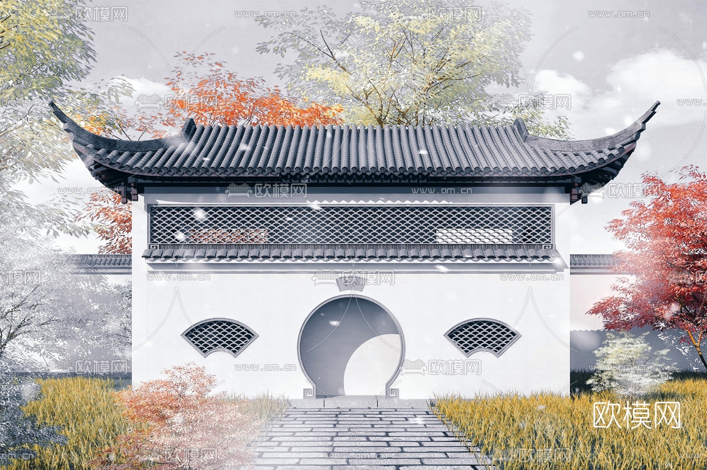 中式度假区公共厕所门头3d模型