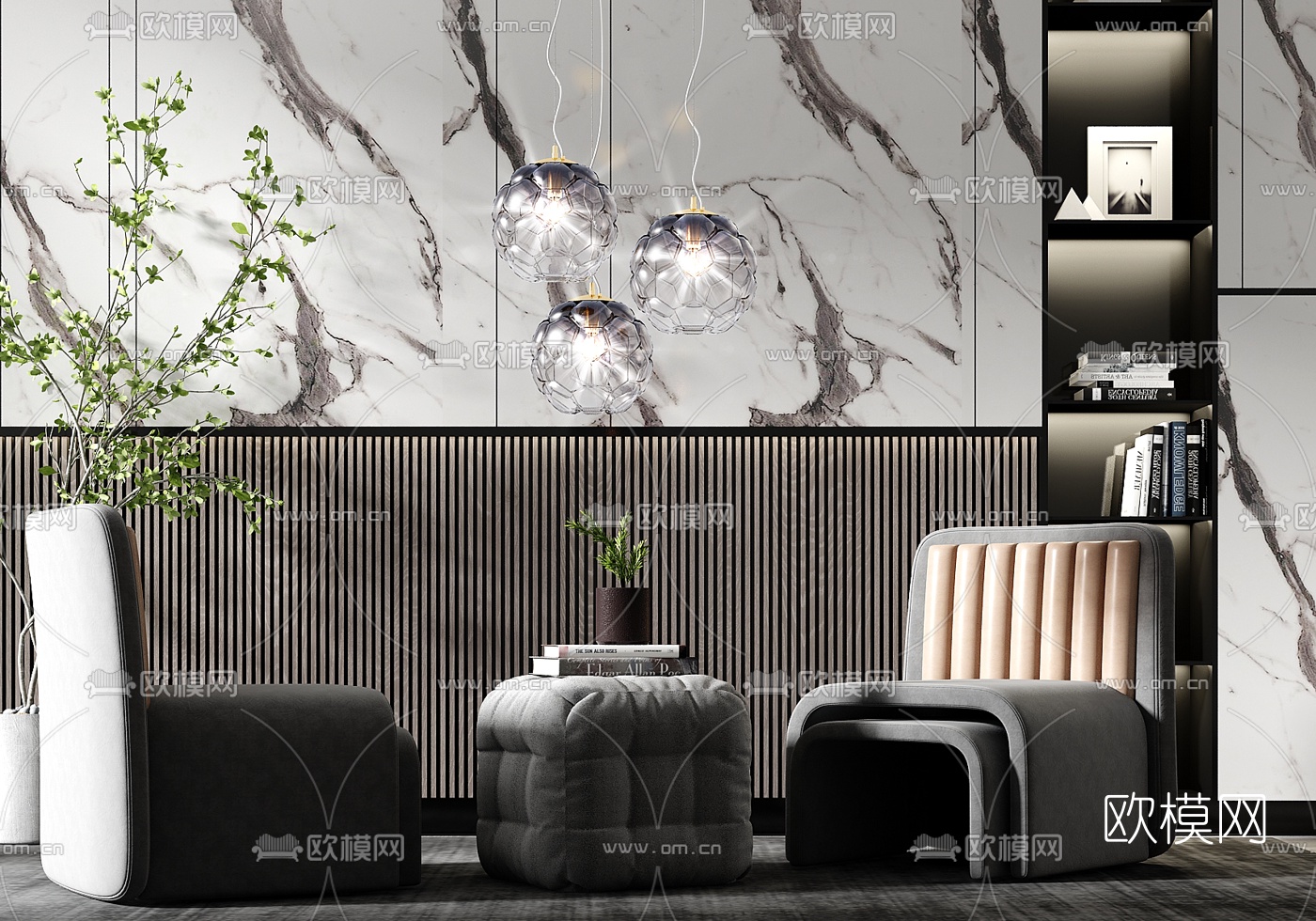 现代布艺休闲沙发su模型下载（渲染图1）