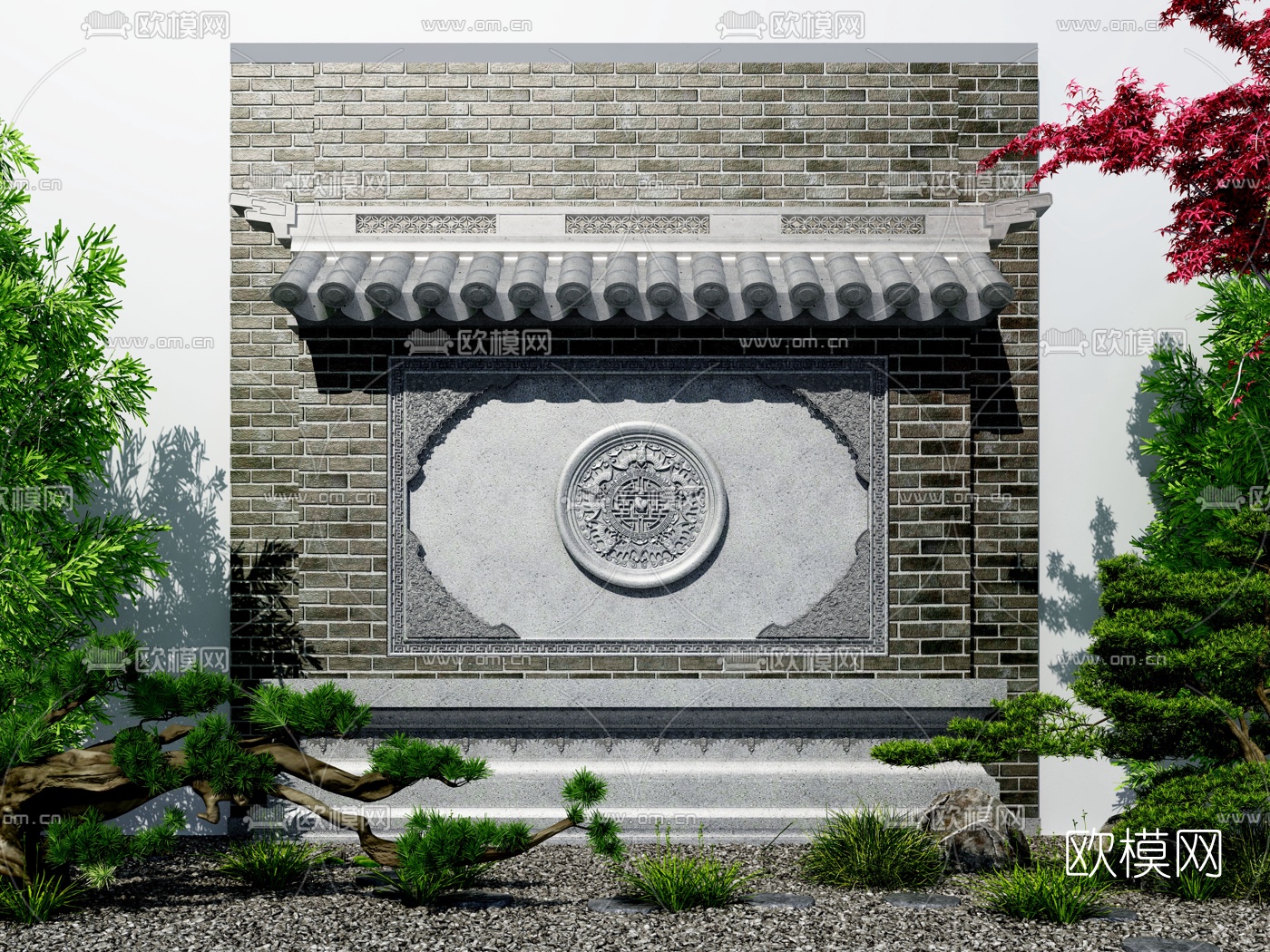 中式景观墙松树园艺小品3d模型下载