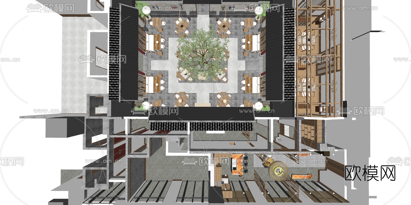 新中式火锅店su模型