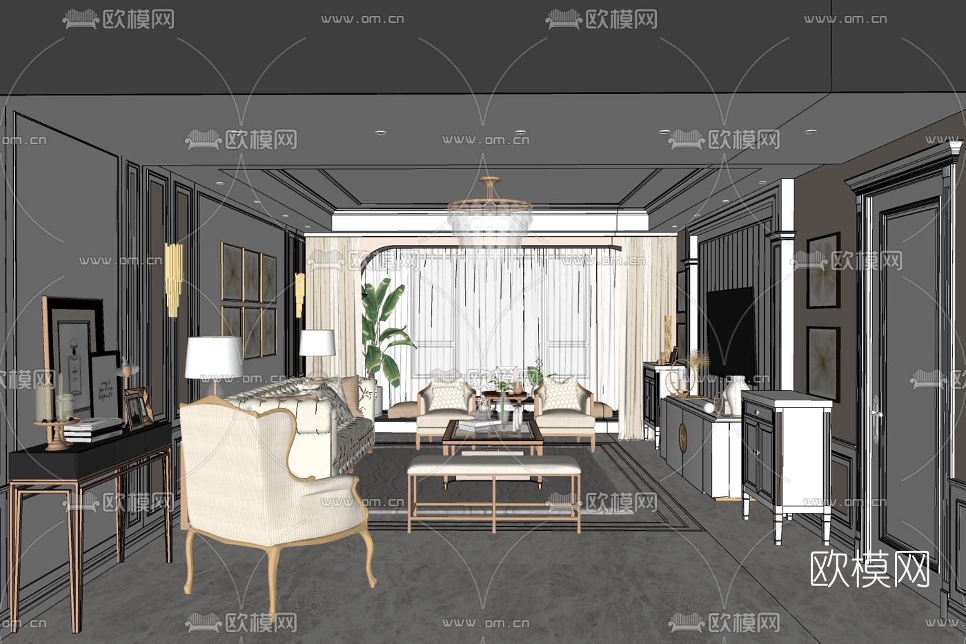 简欧轻奢客厅免费su模型下载