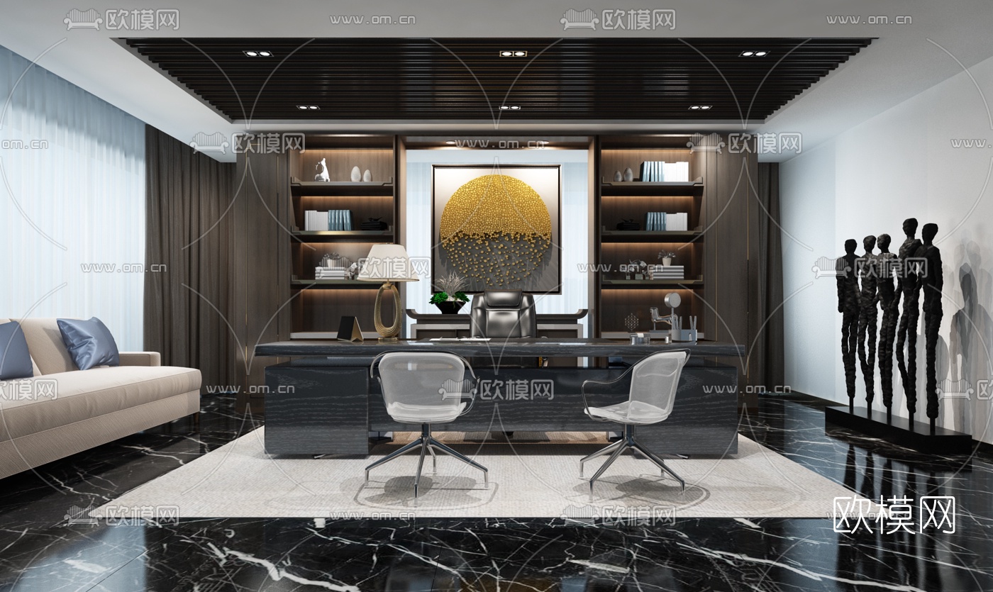 新中式总经理办公室3d模型-免费3dmax模型库-欧模网