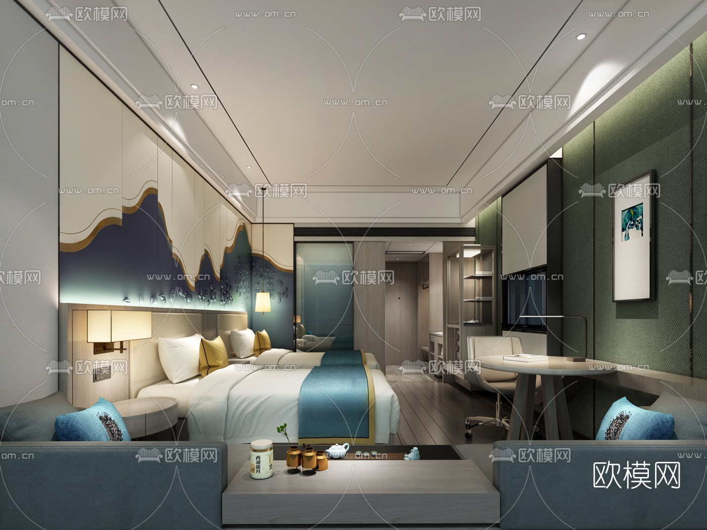新中式酒店客房双人间3d模型
