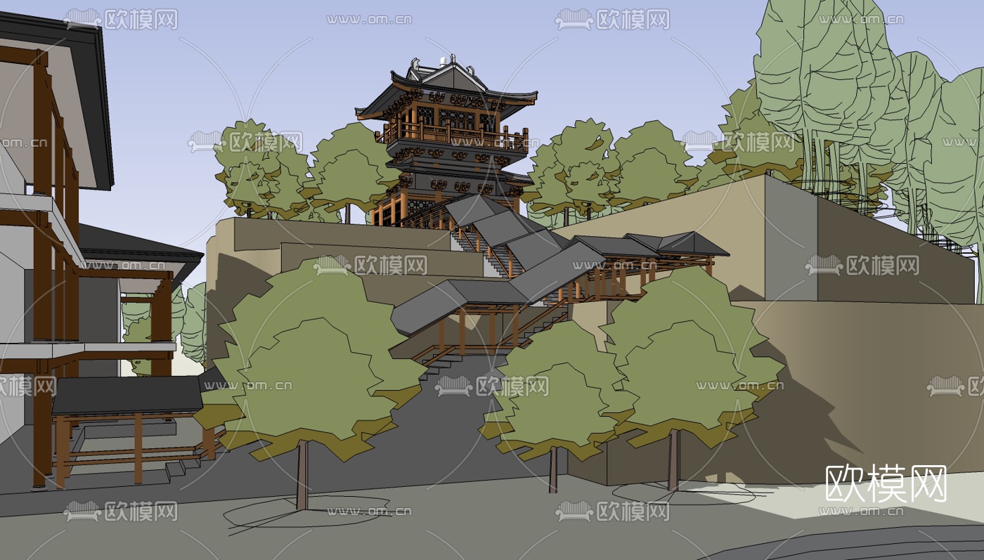 中式寺院规划免费su模型下载（渲染图3）