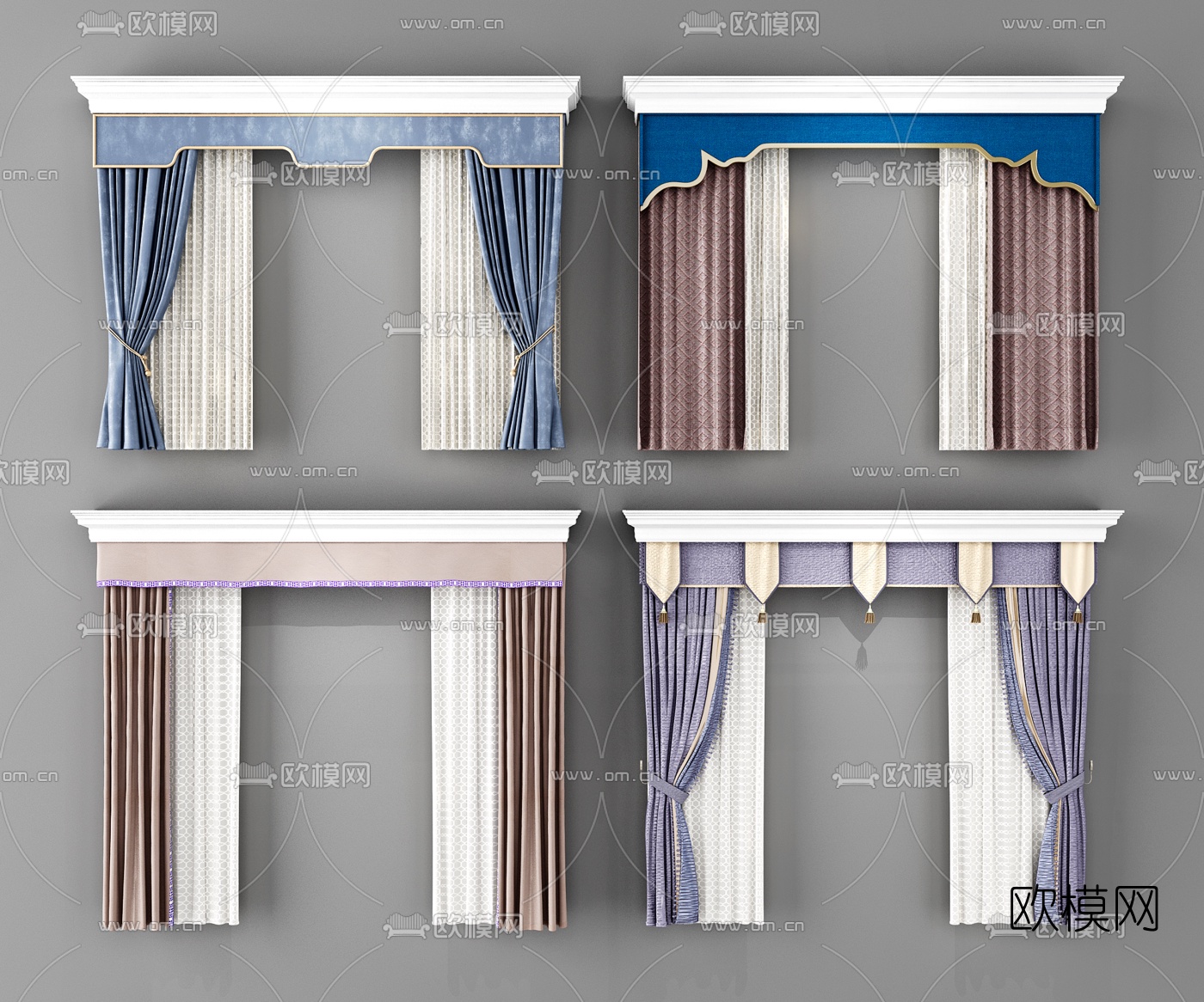 中式布艺窗帘组合3d模型下载