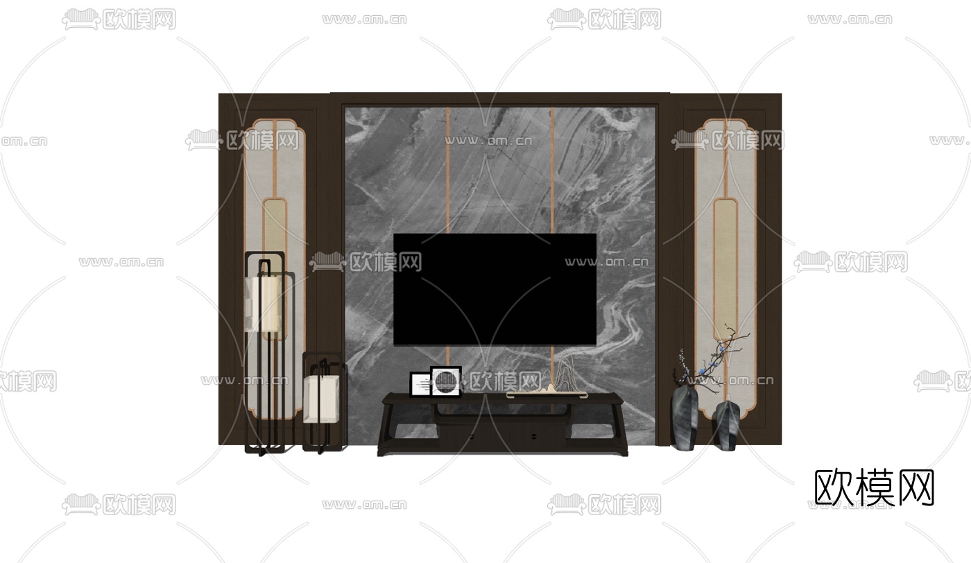 新中式电视柜组合su模型下载（渲染图2）