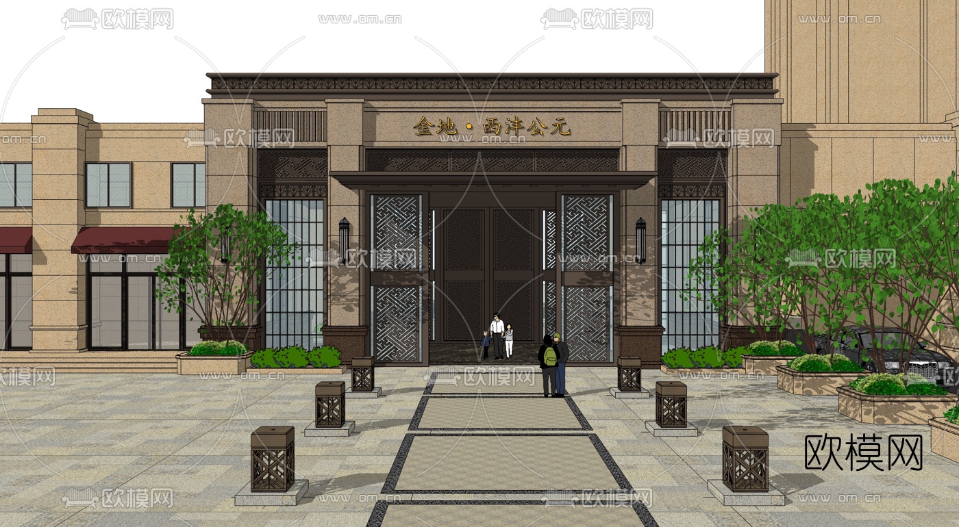 中式小区入口大门su模型