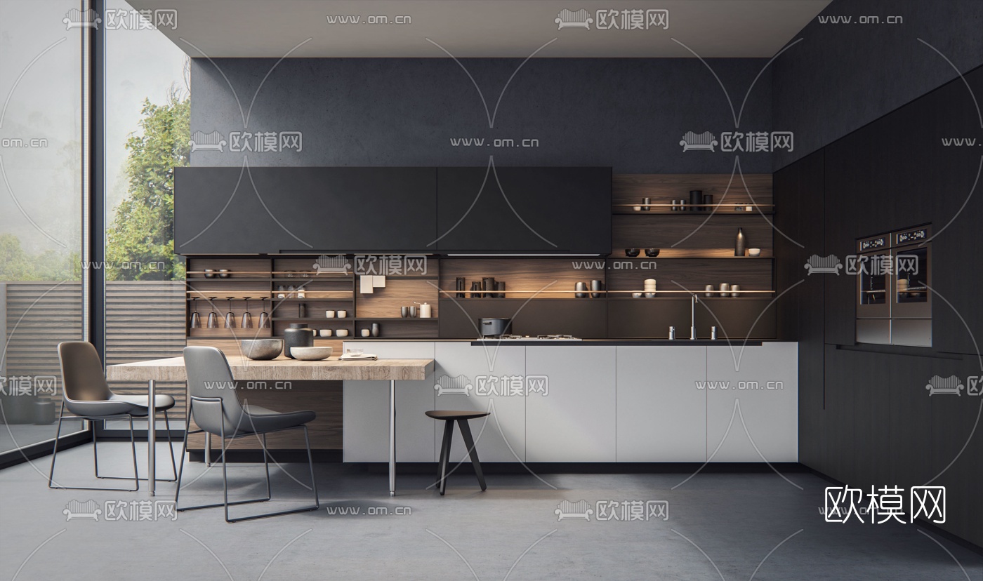 现代厨房橱柜3d模型下载（渲染图1）