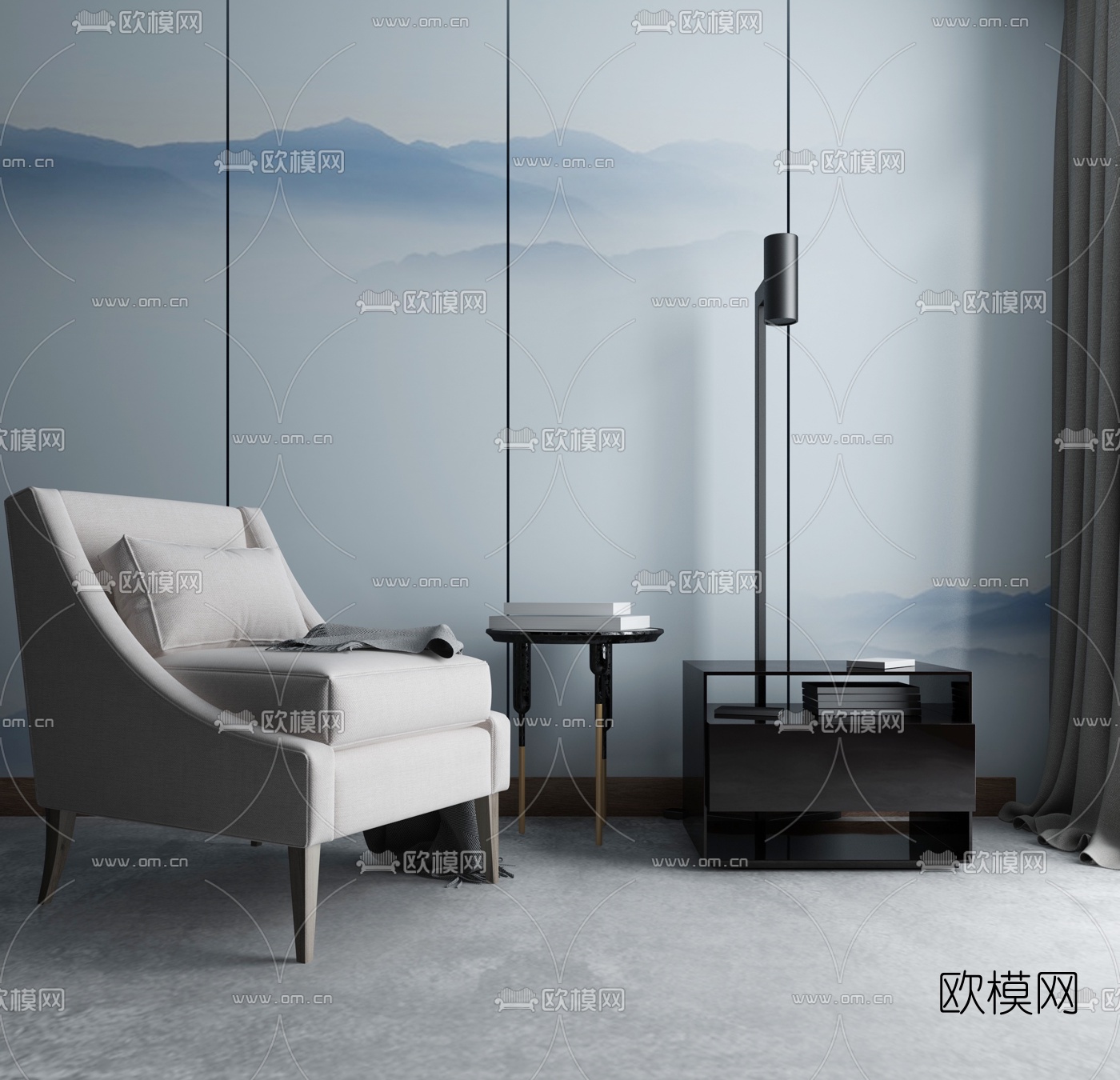 现代单人沙发茶几落地灯组合3D模型