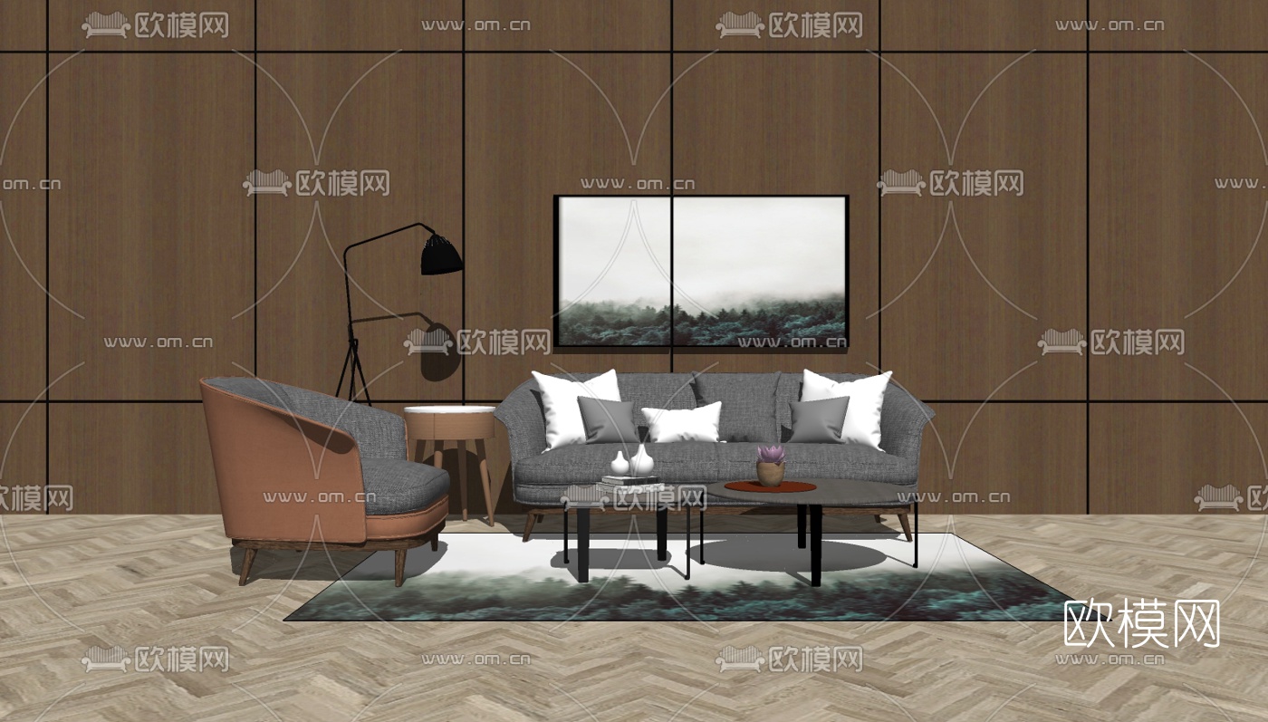 北欧沙发组合su模型下载（渲染图2）