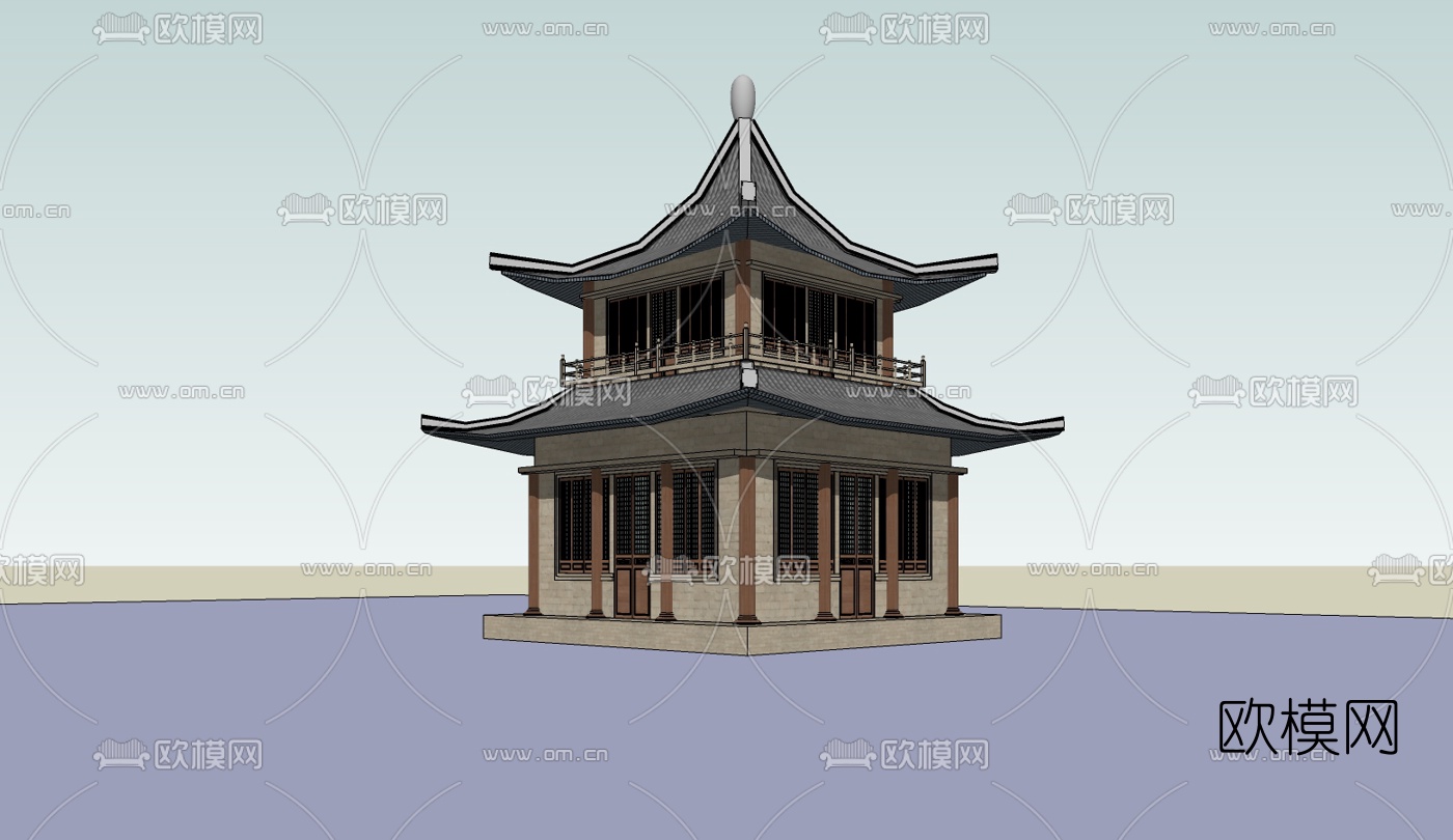 中式楼阁su模型下载