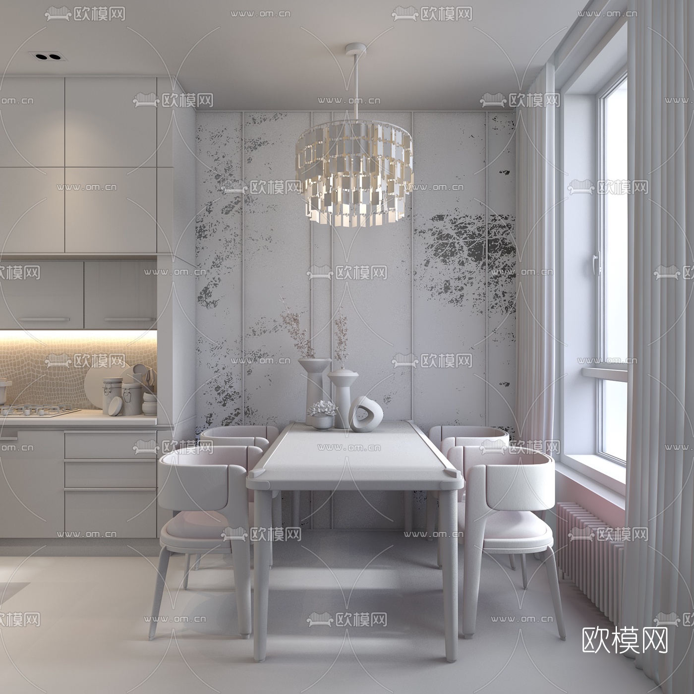 基辅NY公寓 现代粉色皮革餐桌椅3d模型