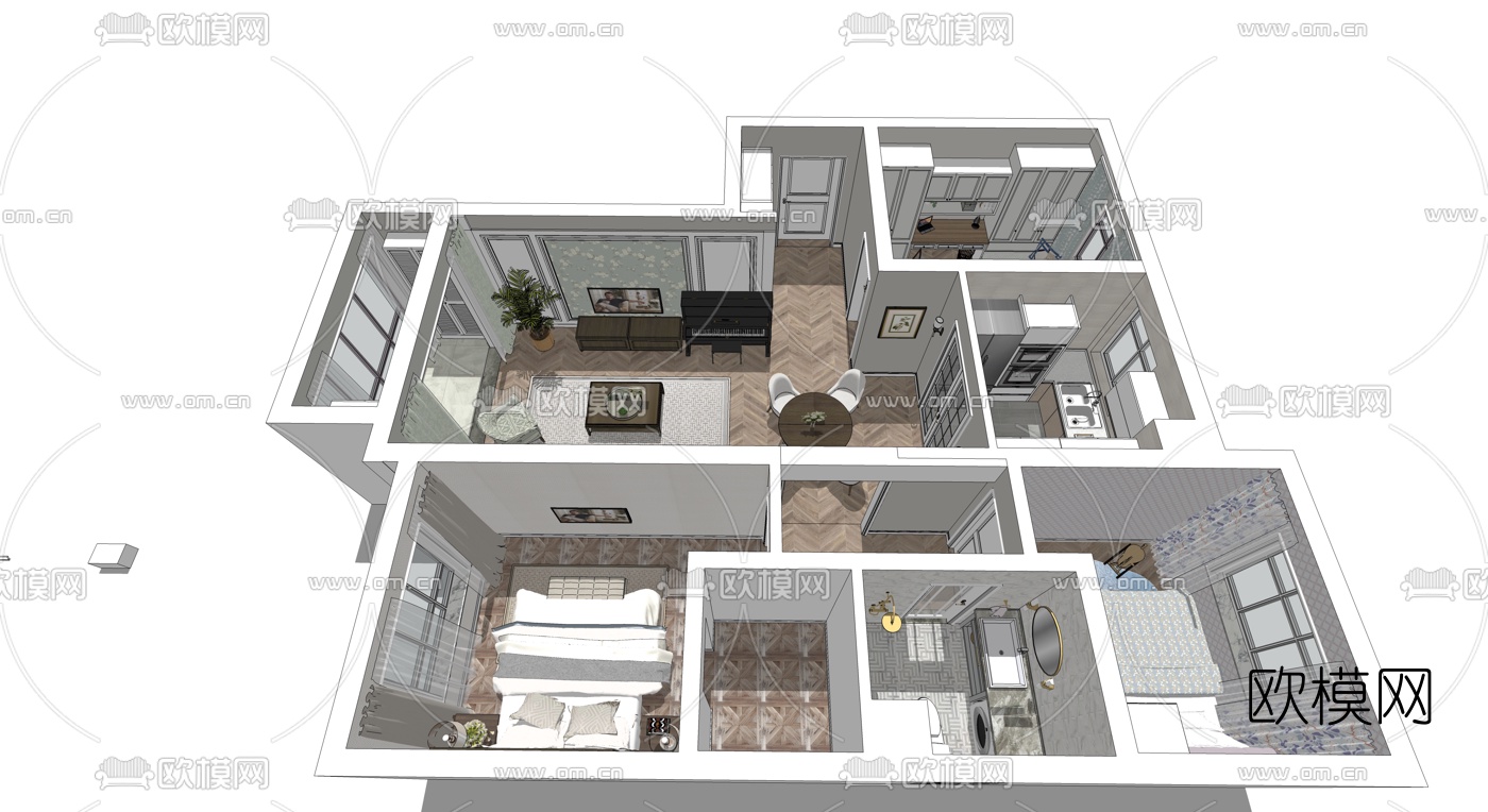 美式客餐厅su模型下载（渲染图2）