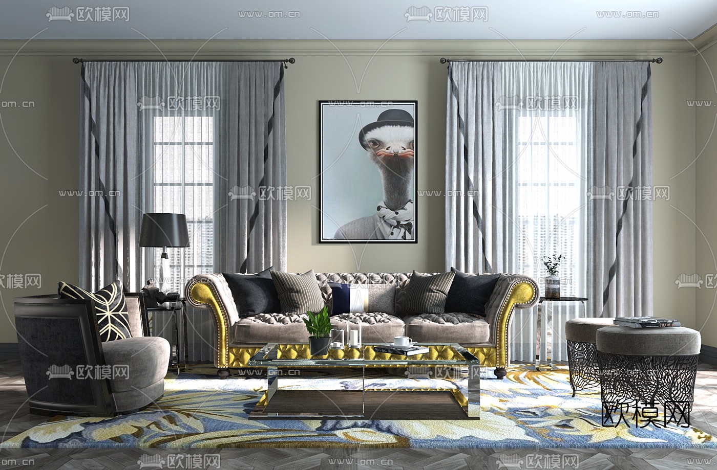 欧式沙发茶几凳子组合3D模型下载