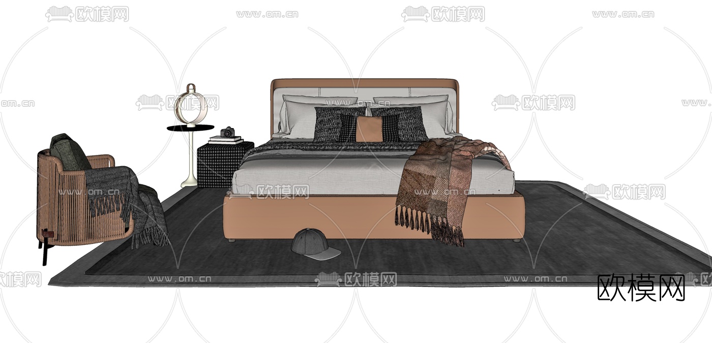 现代布艺双人床su模型下载