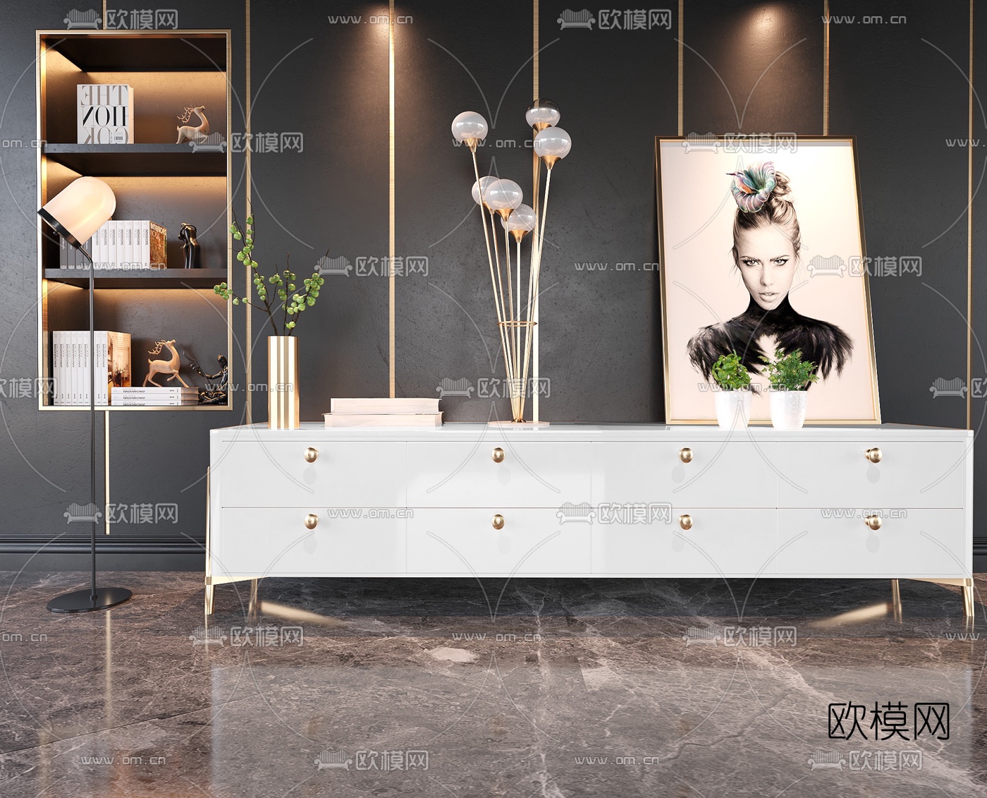现代轻奢电视柜3d模型-免费3dmax模型库-欧模网