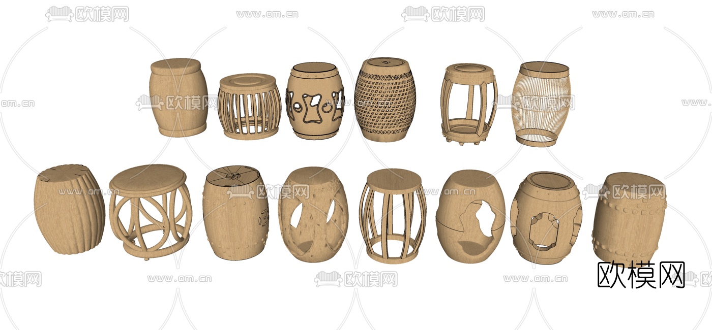 中式鼓凳组合su模型下载