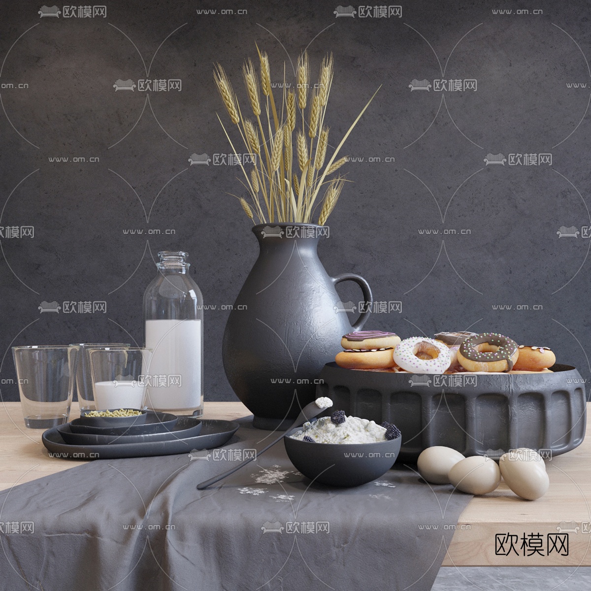 现代甜甜圈鸡蛋麦穗餐具组合3D模型
