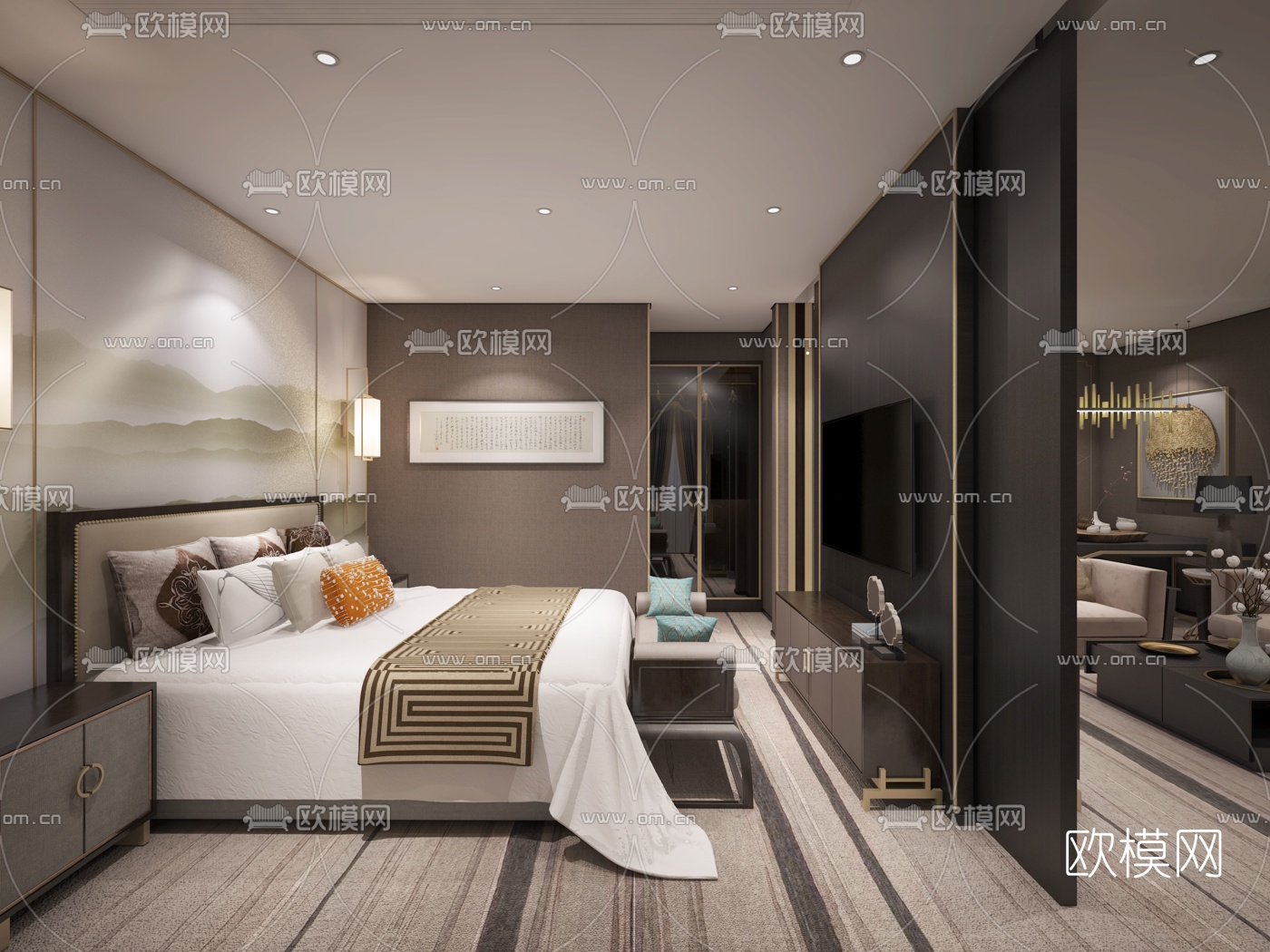 新中式酒店套房3d模型下载_ID10093811_3dmax免费模型-欧模网
