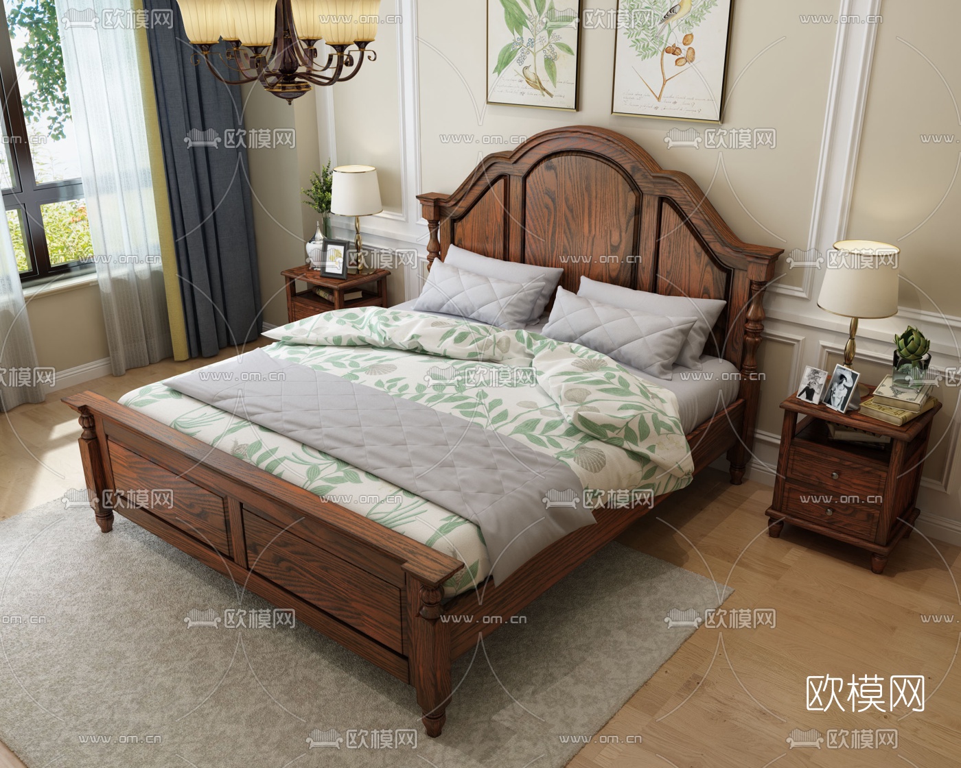 美式实木双人床3d模型下载（渲染图3）