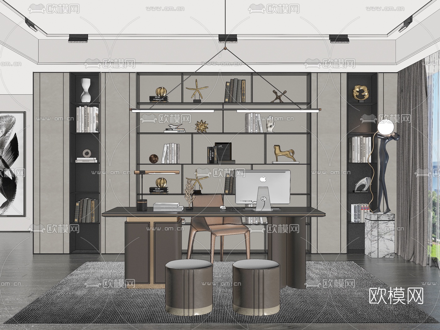 现代书房su模型下载（渲染图2）