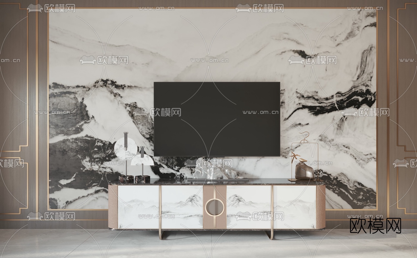 新中式轻奢电视柜3d模型下载（渲染图4）