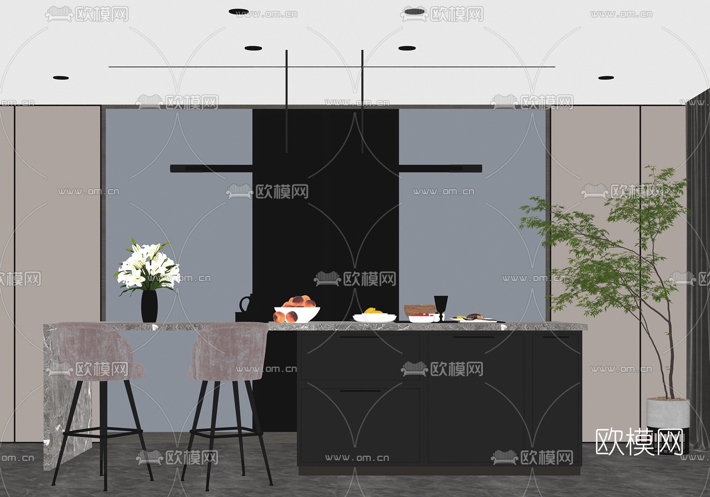 现代轻奢吧台吧椅su模型下载（渲染图2）