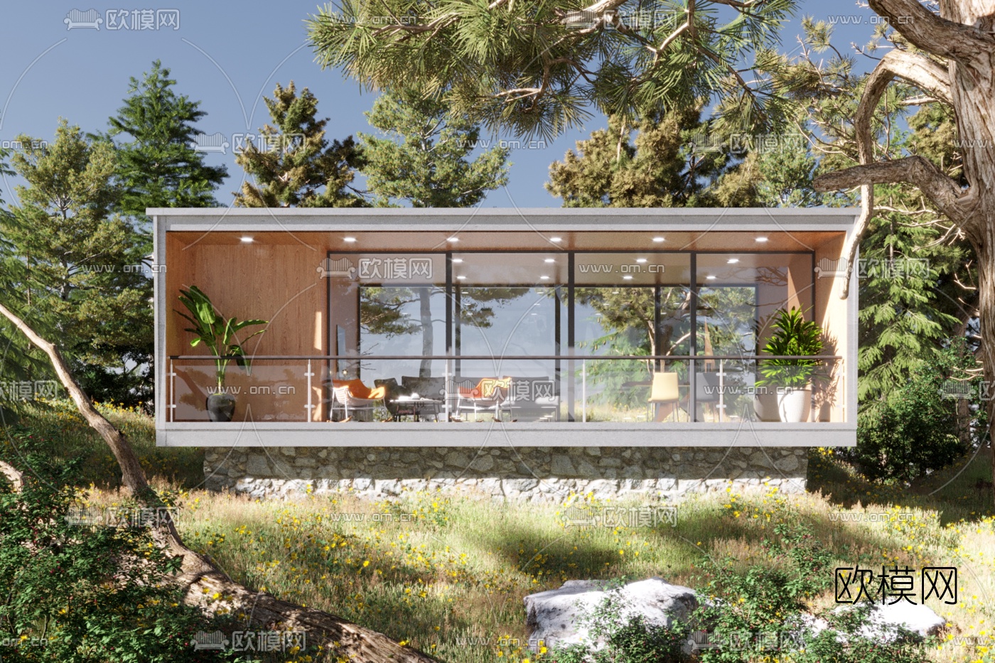 现代玻璃房别墅外观3d模型下载（渲染图1）