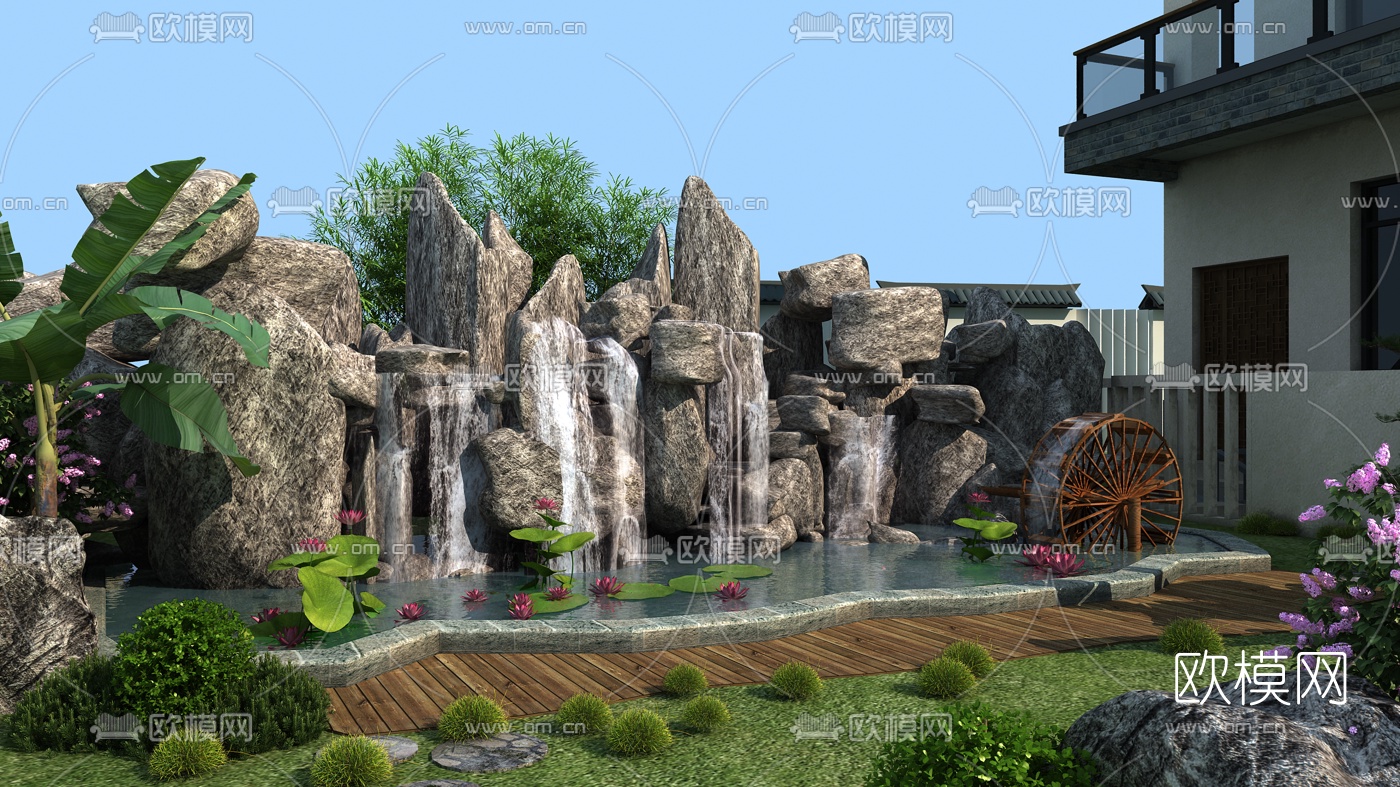 现代假山叠水景观花园3d模型