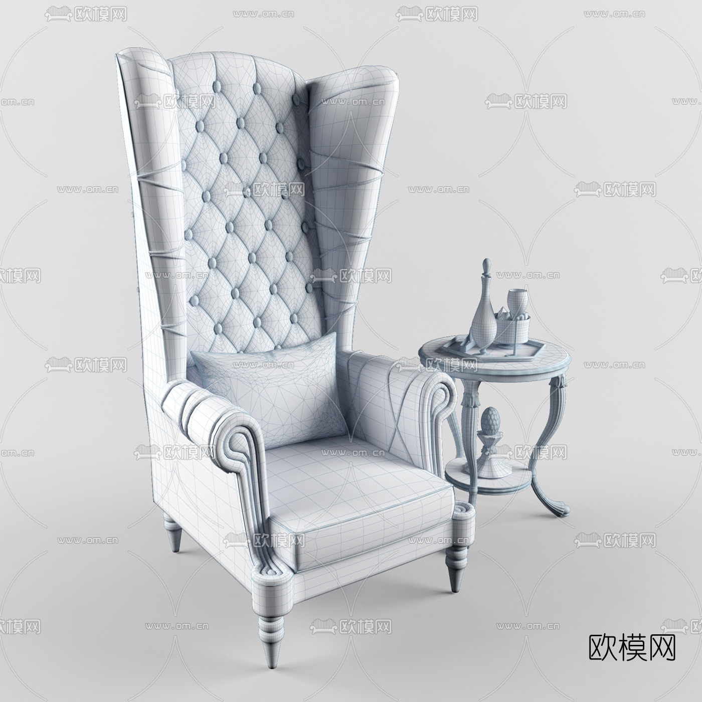 欧式布艺高背沙发圆几组合3D模型