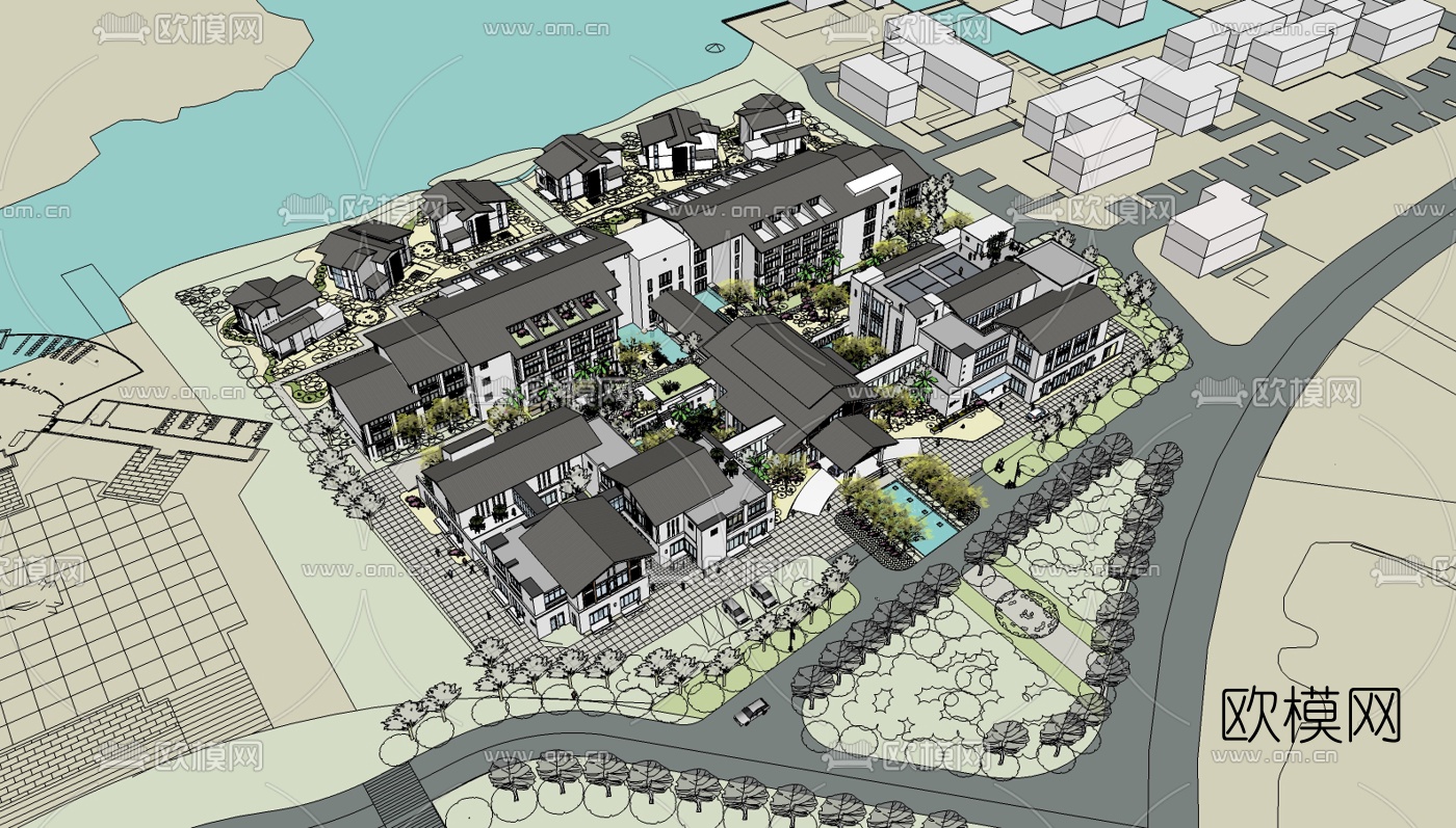 现代小区规划su模型下载（渲染图1）