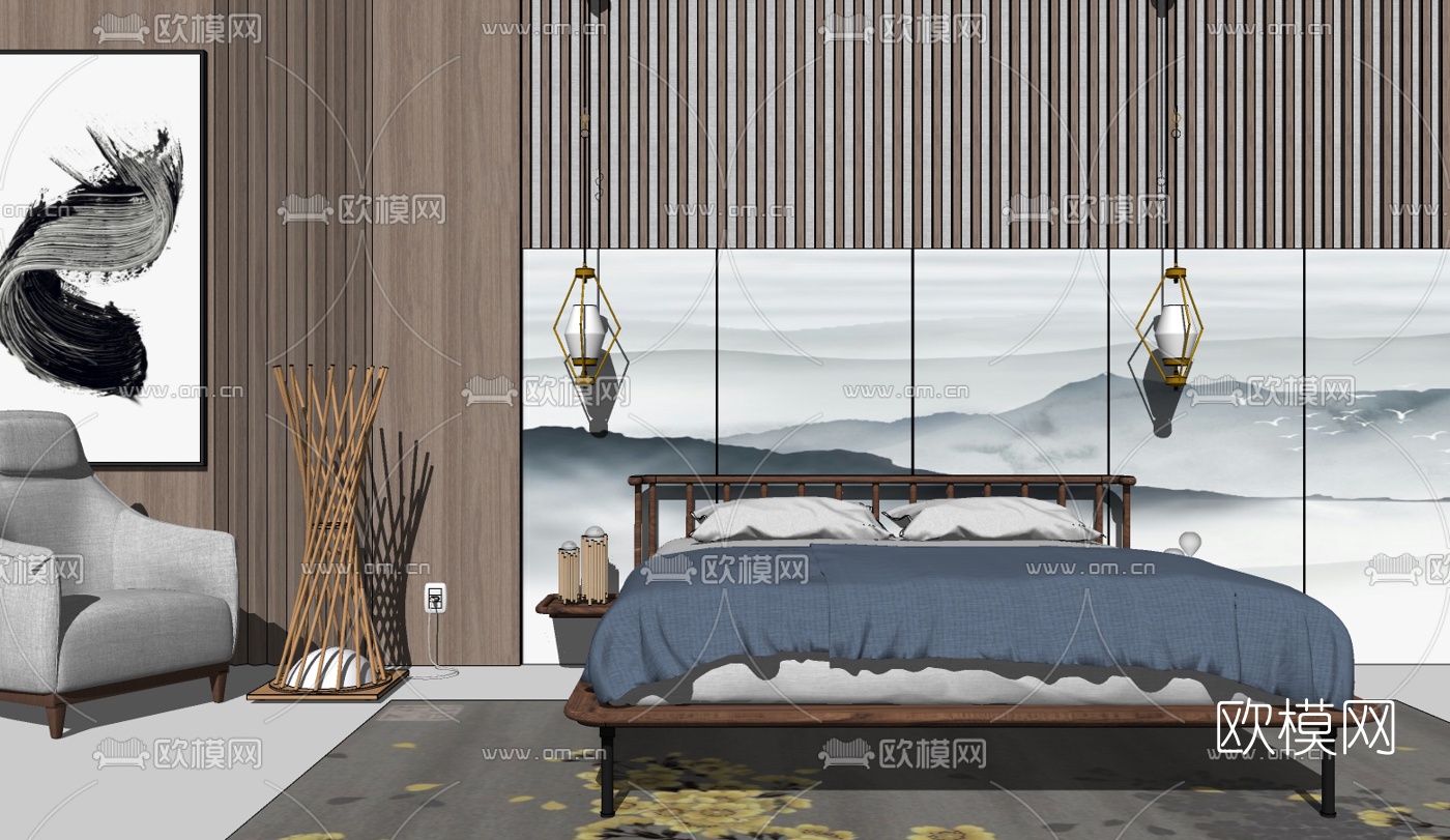 新中式实木双人床su模型下载