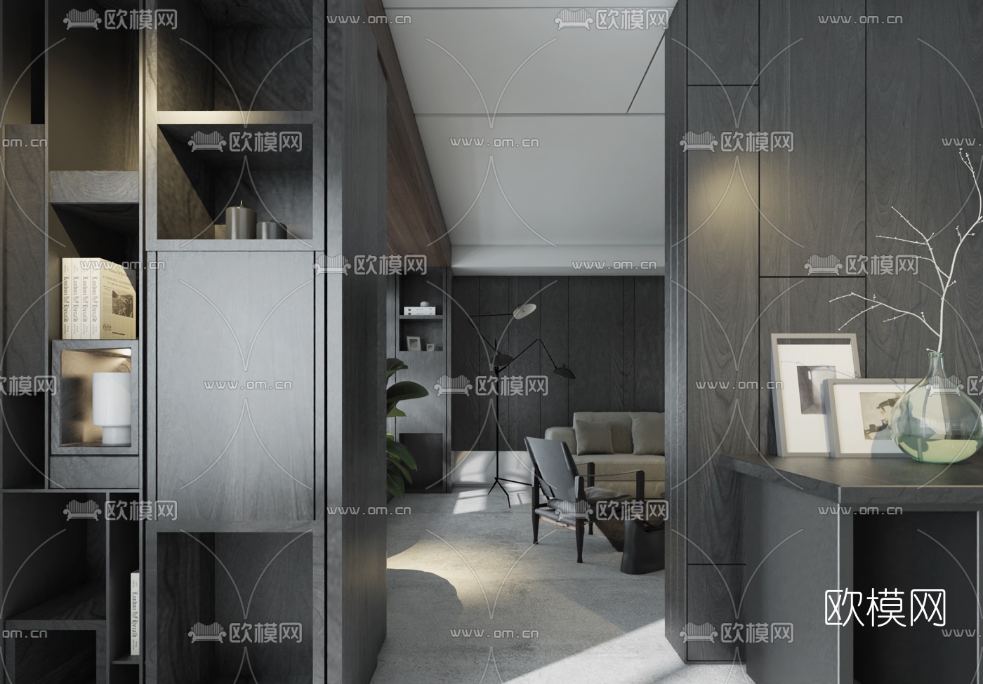 现代高级灰客厅餐厅3d模型